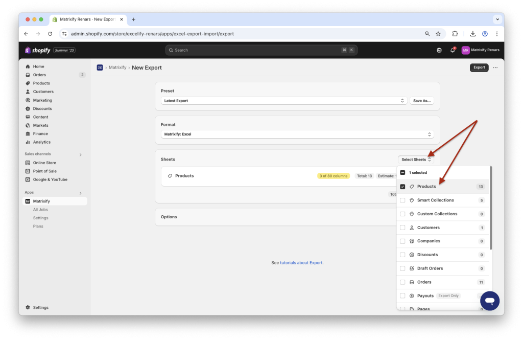 0. Select to export Products with Matrixify