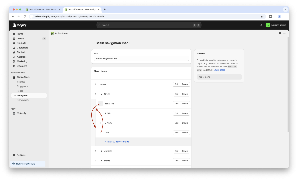 1 - Bulk export Shopify navigation menu item positions with Matrixify