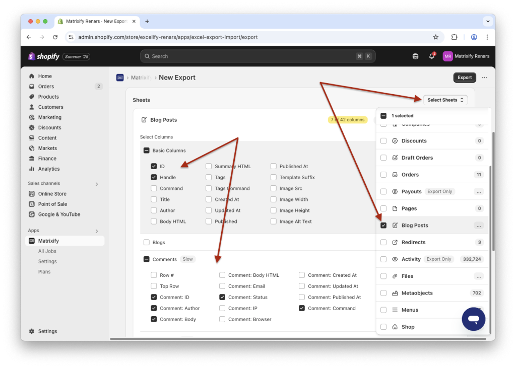 1 - Export Shopify Blog Posts with Comments using Matrixify app