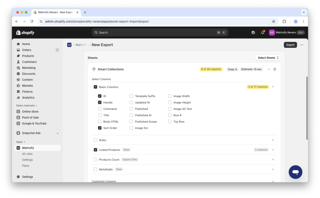 1 - Export Shopify Collections with Linked Products to Spreadsheet with Matrixify