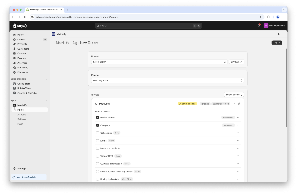 1 - Export Shopify Product Category bulk with Matrixify