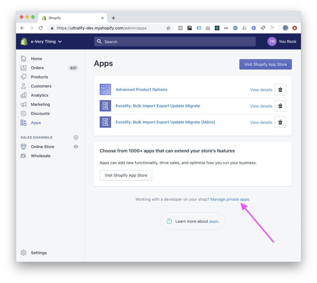 1 - Manage Private Apps in Shopify Apps page