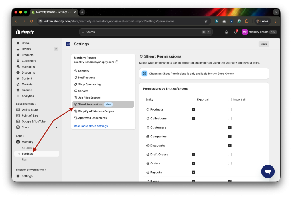 1 - Matrixify Sheet level Export Import Permissions Settings location