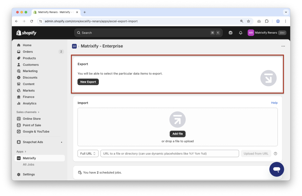 1 - Matrixify create new export job