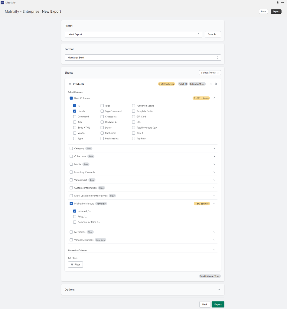 1 - export Shopify Product market availability include export Excel CSV XLSX bulk Matrixify
