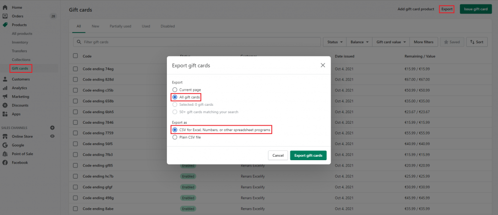 1 - export gift cards from Shopify Admin to spreadsheet file