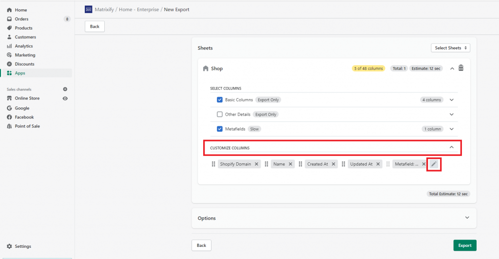 1 - select to export specific Metafields Shopify bulk sheet Excel CSV excelify