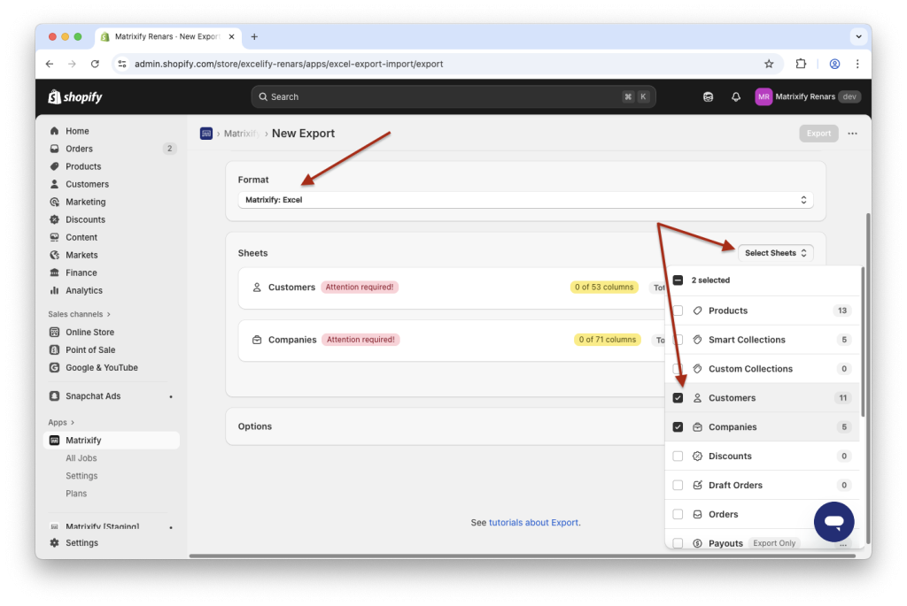 1. Create export in Matrixify, export Customers and Companies to Excel XLSX spreadsheet file