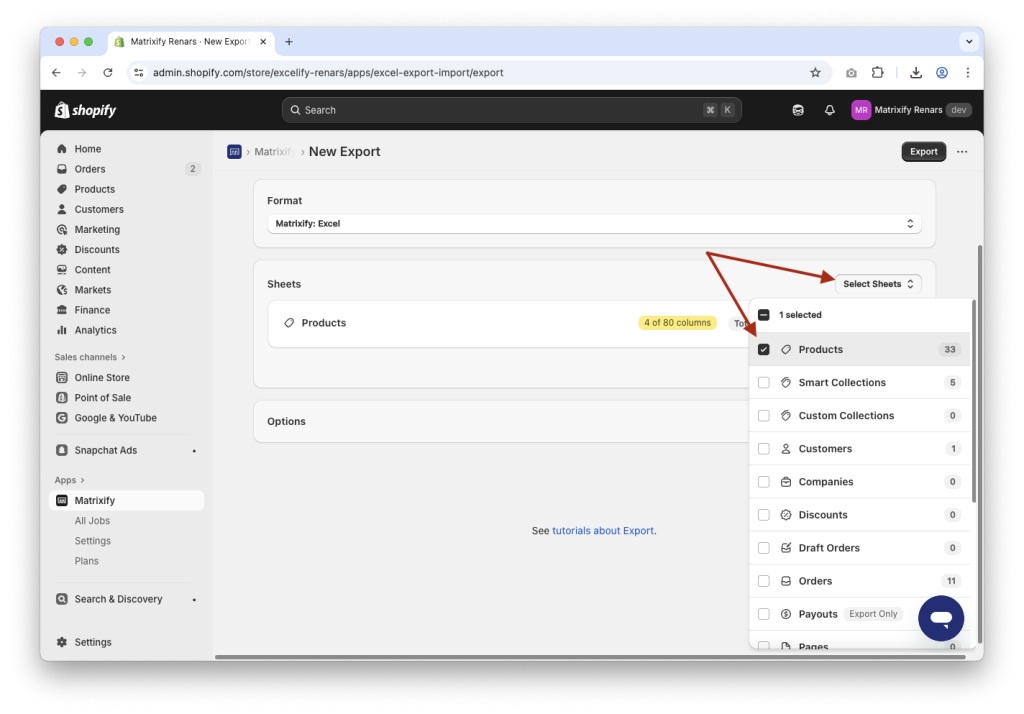 1. Create new Export with Products in Matrixify app