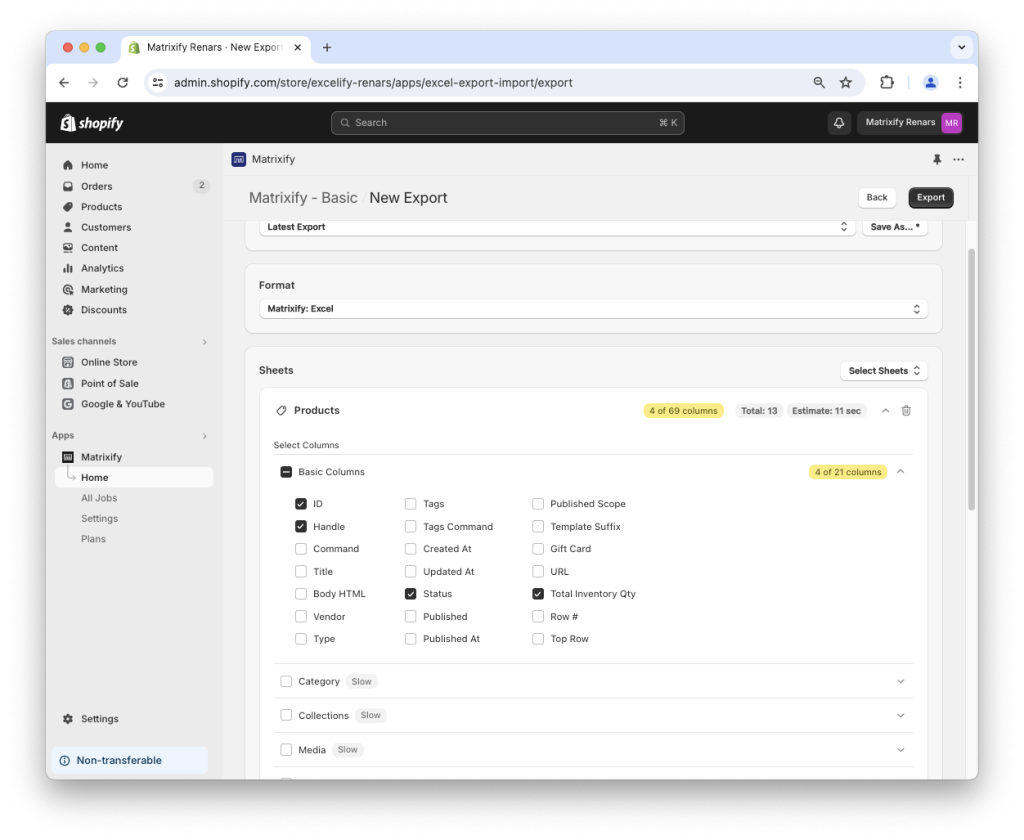 1. Create new Shopify Products export Excel XLSX CSV - Matrixify app