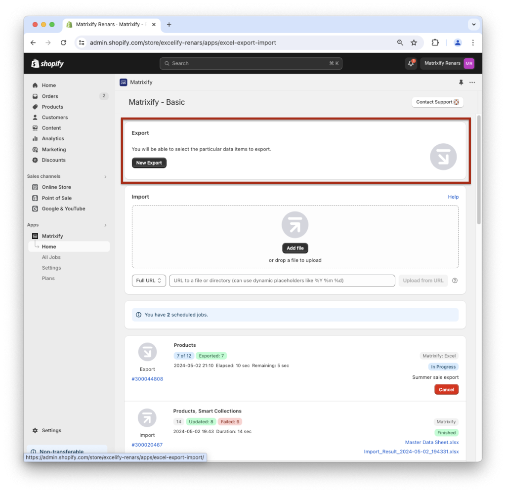 1. Create new Shopify data export with Matrixify app