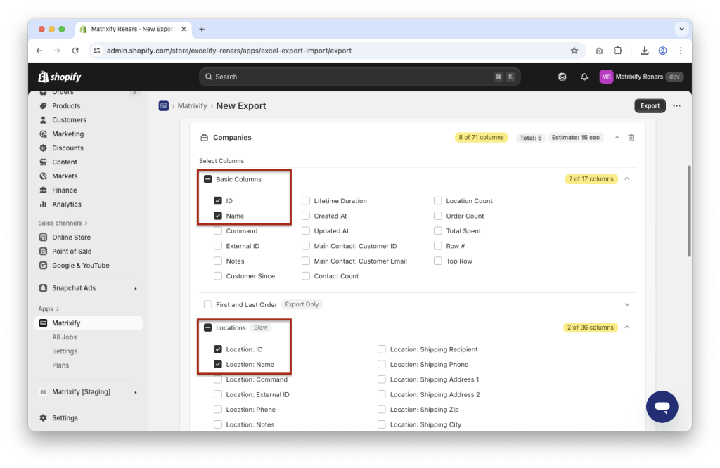 1. Export Shopify B2B Company data to Excel - basic columns and locations