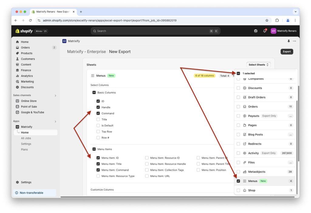 1. Export Shopify Navigation Menus and Menu Items with Matrixify app to bulk delete and remove