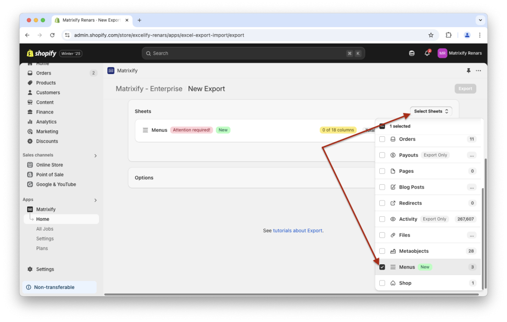 1. Export Shopify Online Store Navigation Menus with Matrixify app bulk Excel CSV XLSX