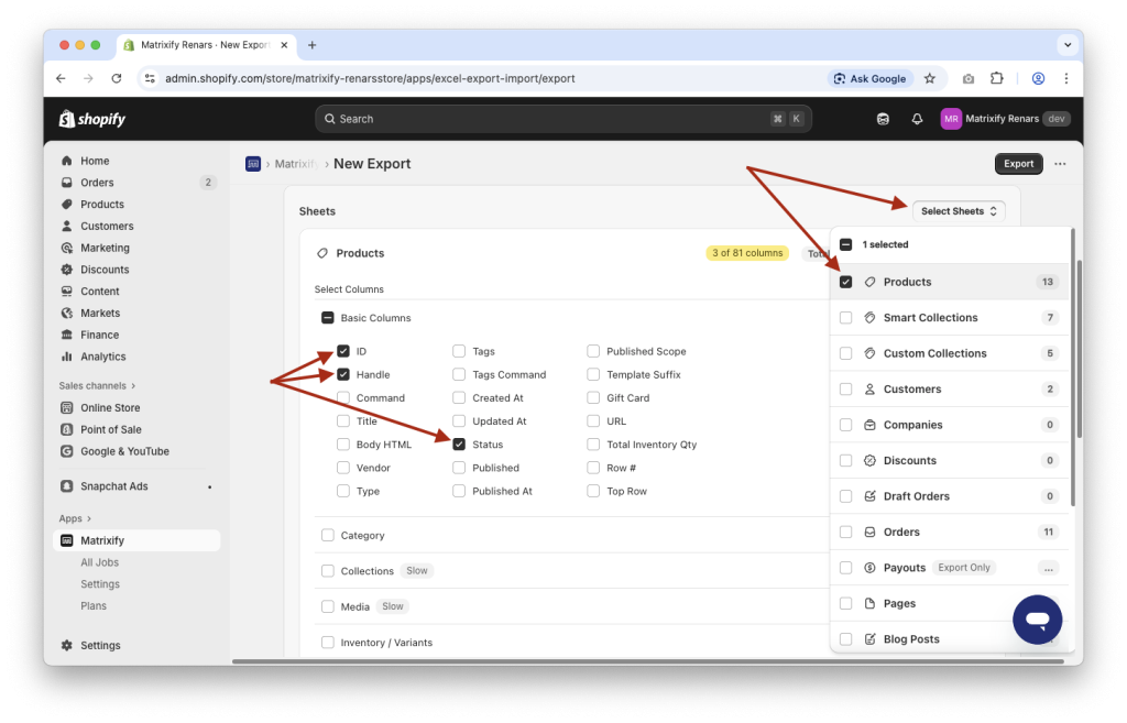 1. Export Shopify Products to Excel XLSX with selected columns using Matrixify