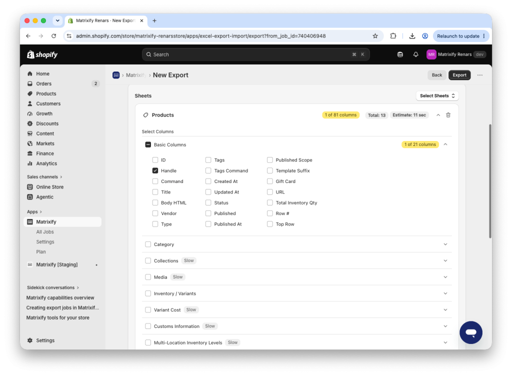 1. Export your Shopify Products to a spreadsheet file with Matrixify
