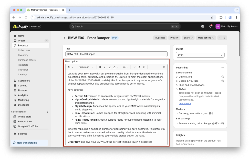 1. Set example description for AI generated Shopify Product descriptions