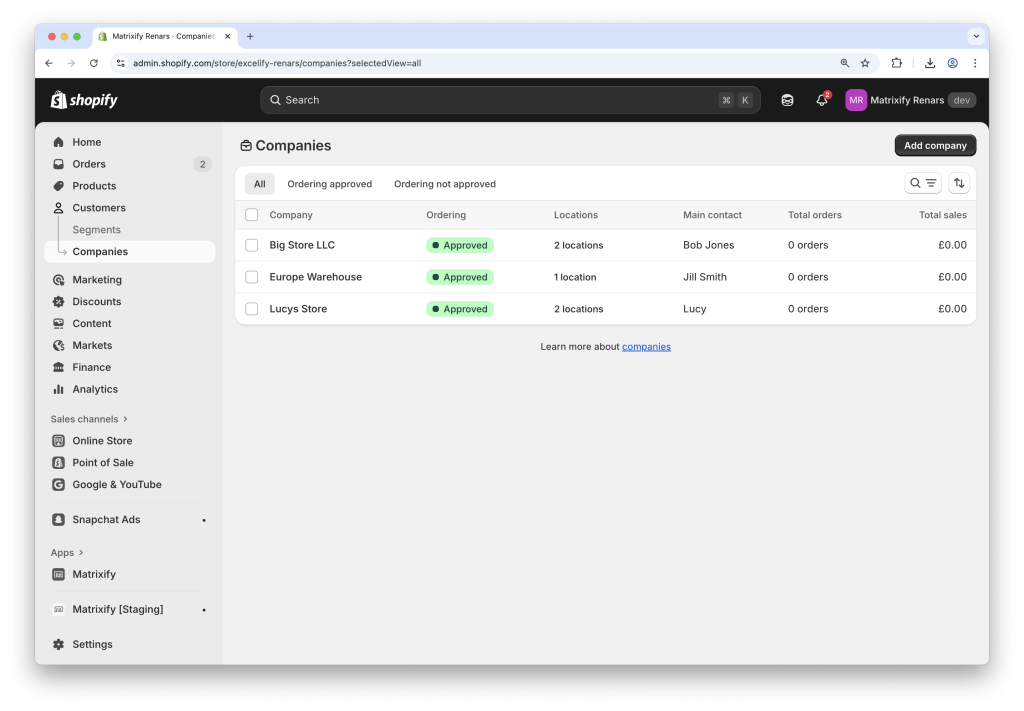 1. Shopify B2B Companies export to Excel CSV spreadsheet