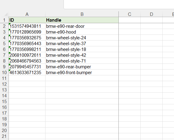 1. bulk exported Shopify Product Handle ID CSV Excel Matrixify
