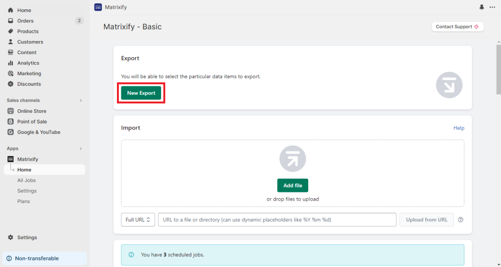 1. create new export in Matrixify app - Excel CSV bulk manage Shopify data