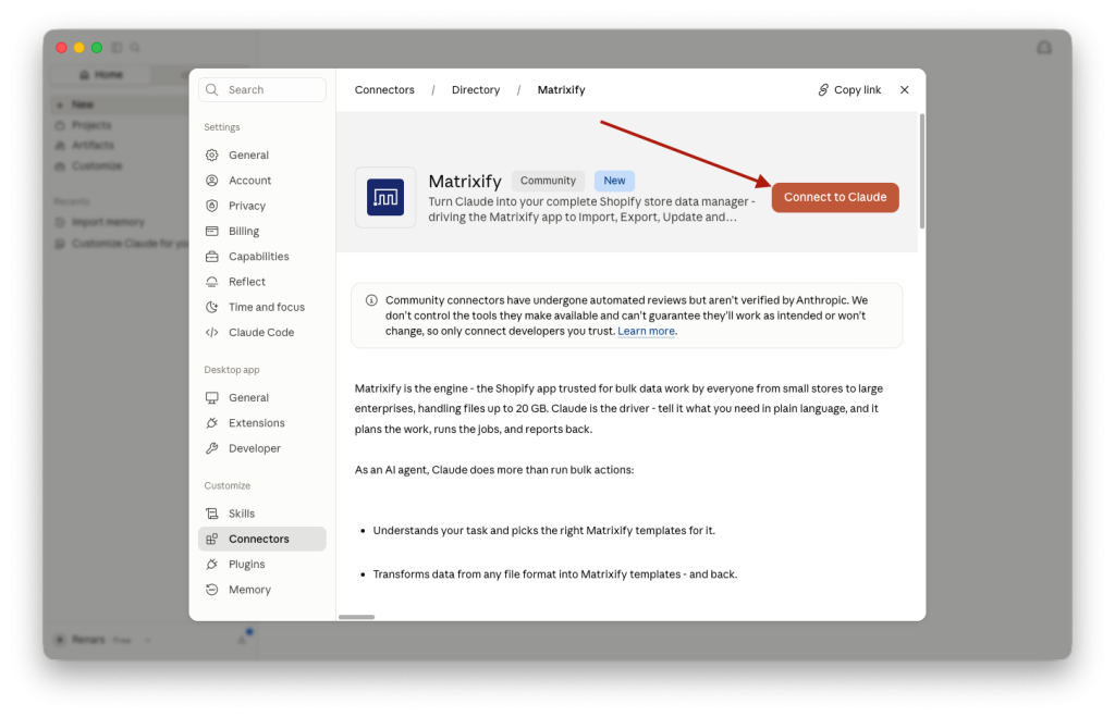 1.2. Add Matrixify Connector in Claude AI Organiztion