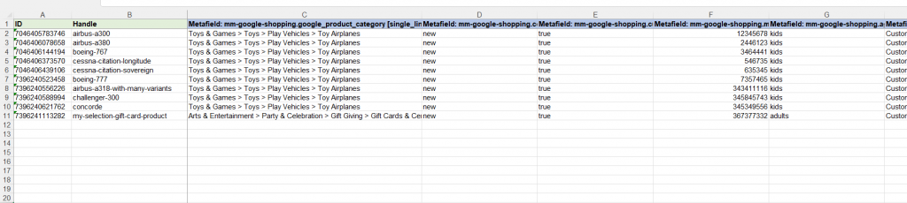 10 - edit Google Shopping fields Metafields Shopify bulk export import update Excel CSV Matrixify