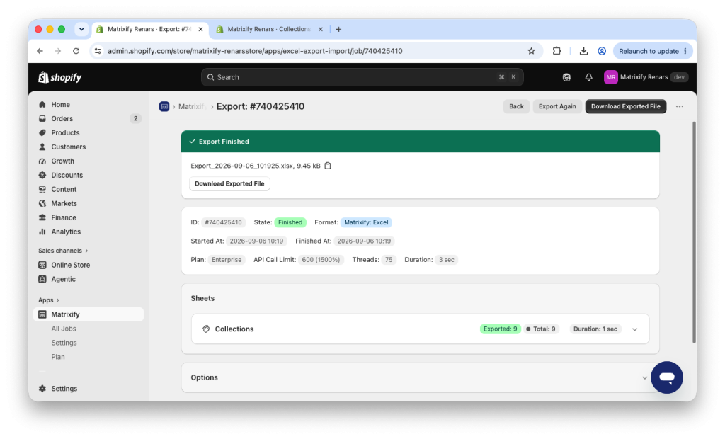 10. Exported Shopify Collections to Matrixify Excel XLSX file