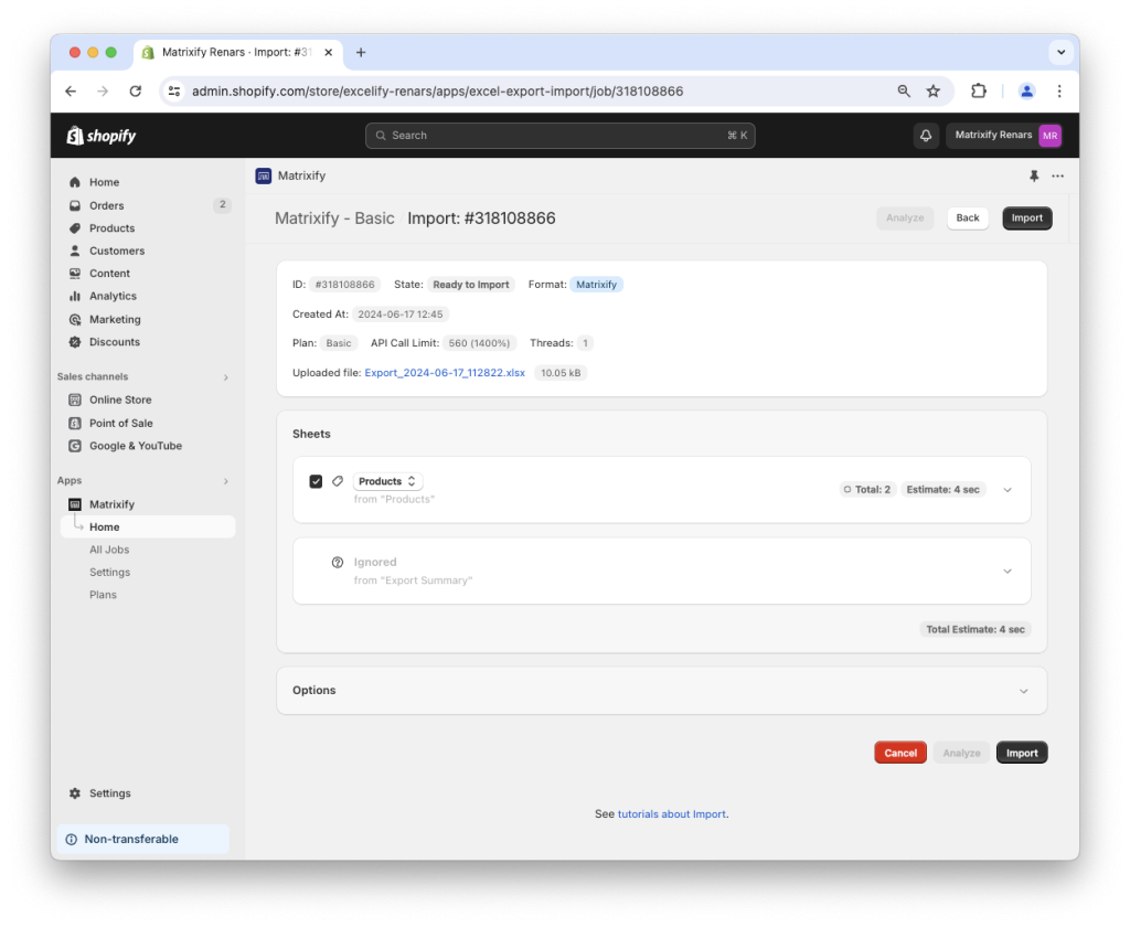10. Import Shopify Products bulk hide sold-out Products Excel CSV spreadsheet Matrixify app