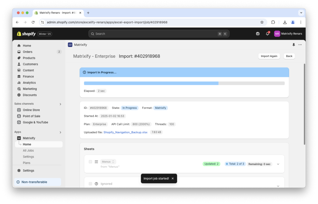 10. Import and restore Shopify Navigation Menu backup with Matrixify app