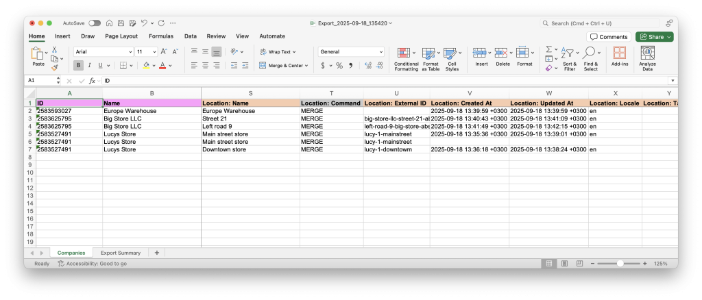 10. Shopify B2B Comapny Location columns in spreadsheet