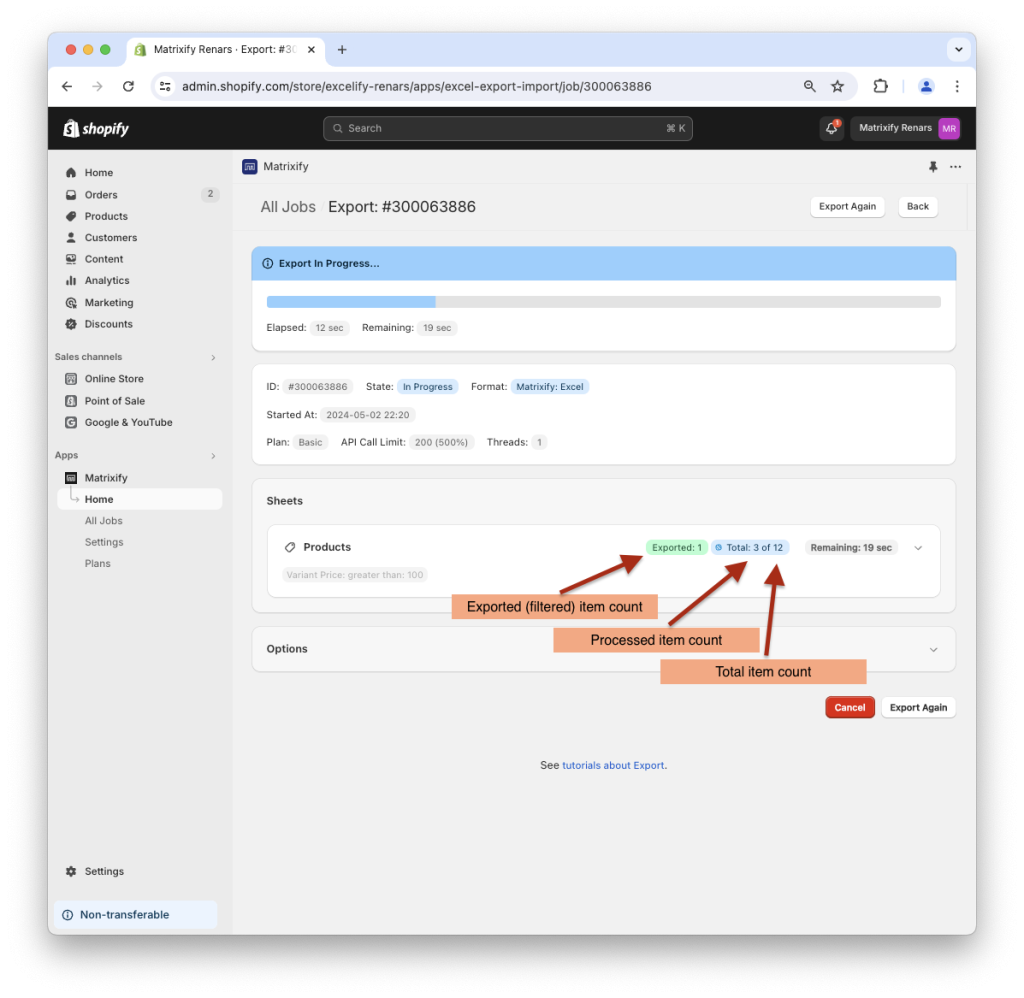 10. Shopify data export progress details exported item count