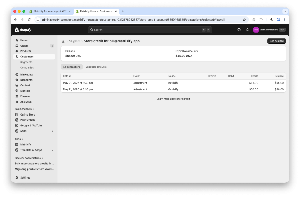 10. succesfully imported added Shopify Customer store credits with Matrixify