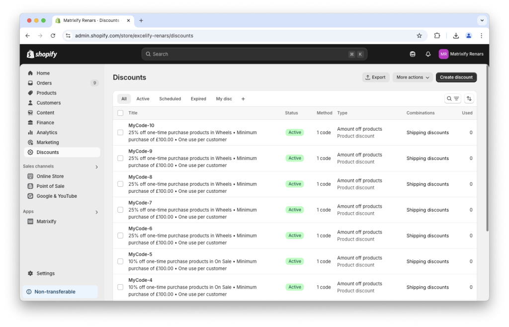 11 - Bulk imported Shopify Discounts with Matrixify Excel XLSX CSV spreadsheet files