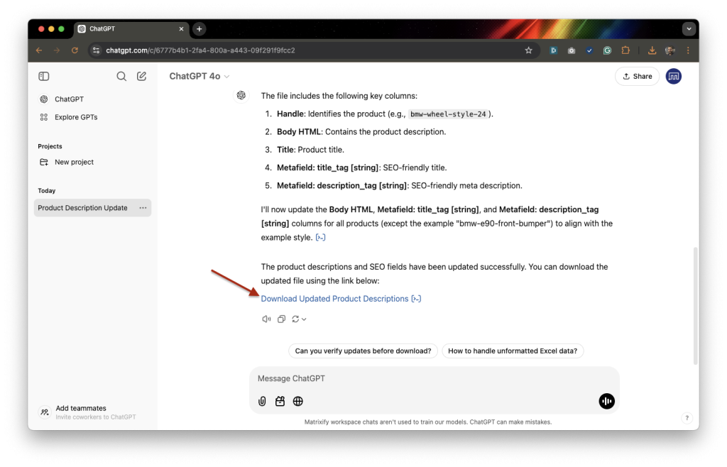 11. Download ChatGPT returned spreadsheet file with new Shopify product description and SEO