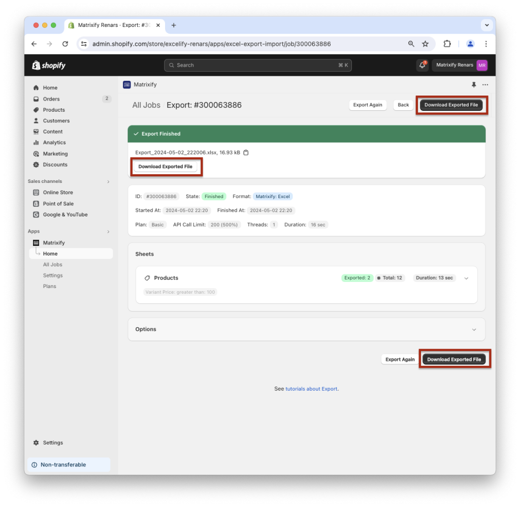 11. Download Shopify data export spreasheet Excel CSV file Matrixify app