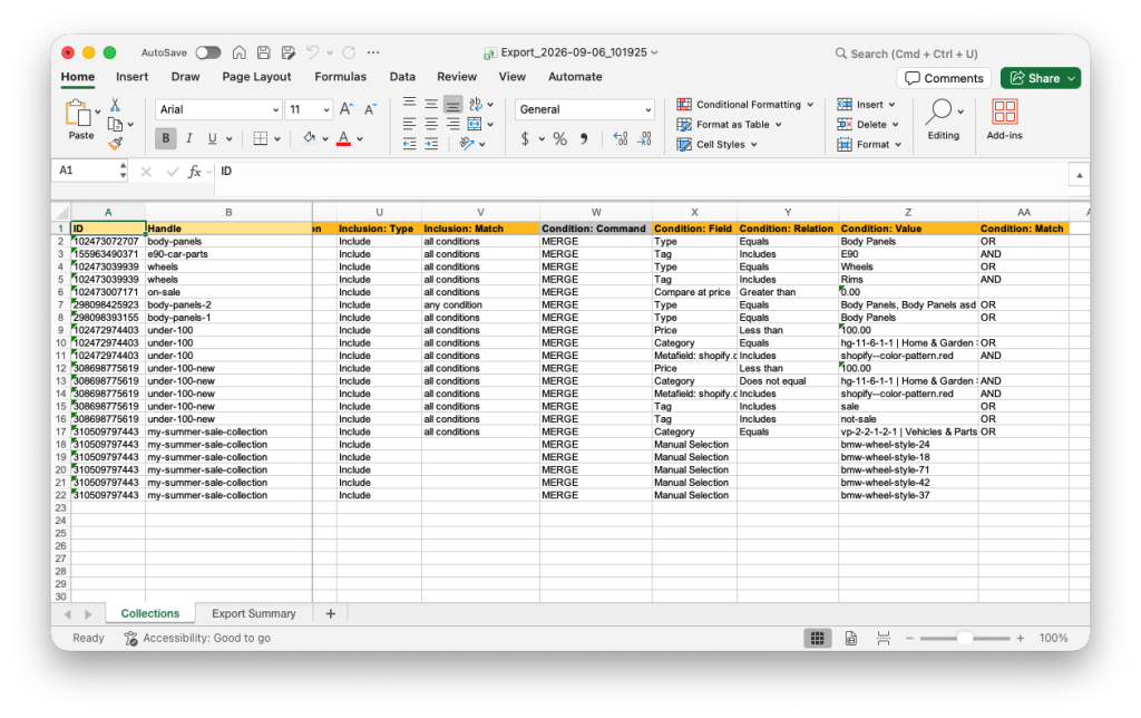 11. Spreadsheet file with new Shopify multi-source collections data