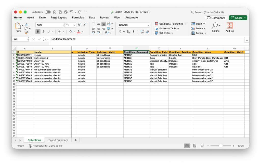 12. Edited collections spreadsheet file in bulk for massive update in Shopify