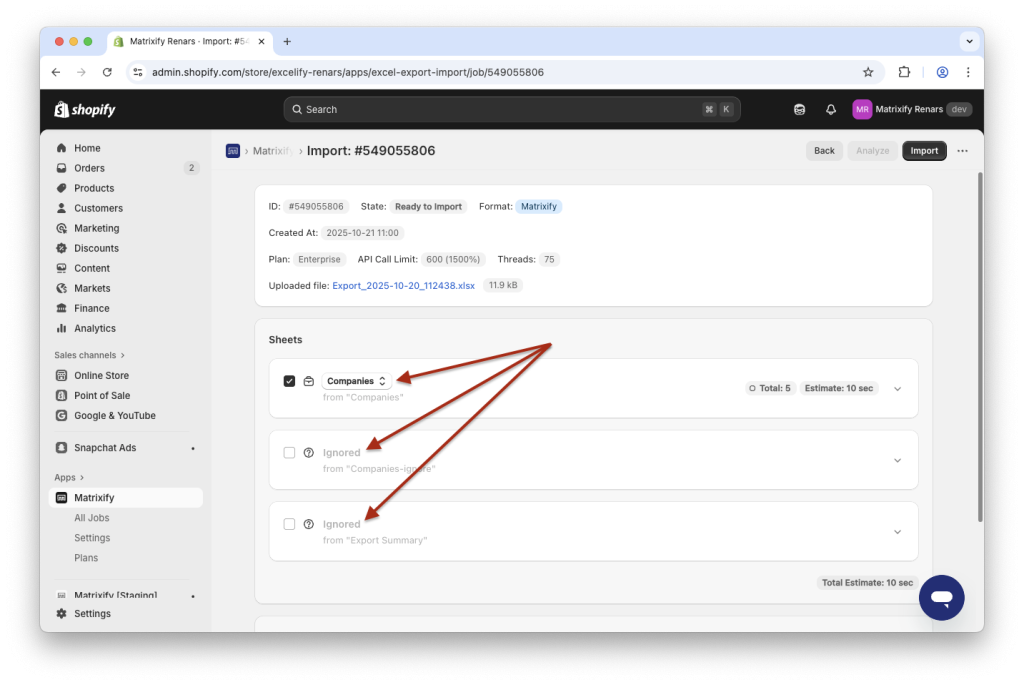 11. Upload spreadsheet with multiple sheets into the Matrixify app for your Shopify store