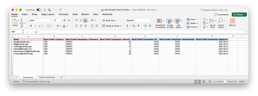 11. custom created file to bulk add Customer Store Credits with matrixify app