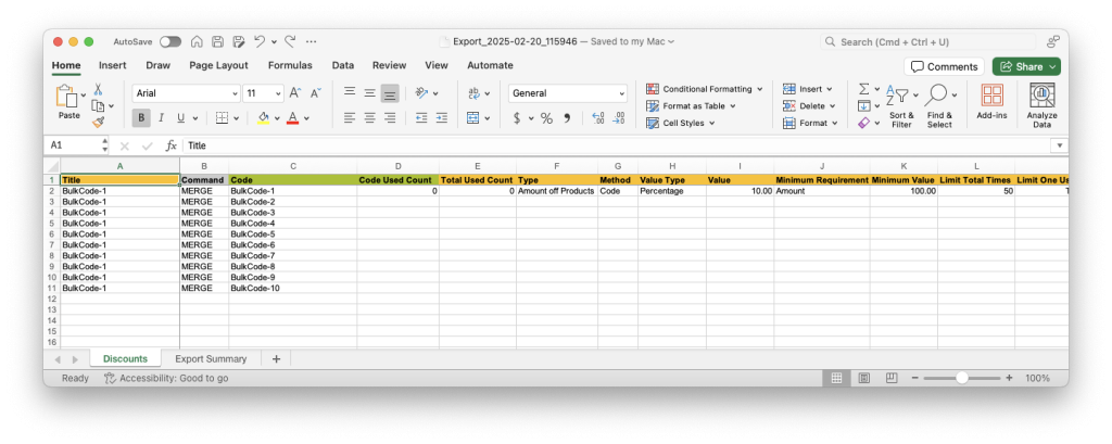 12 - Spreadsheet single Shopify Discount with many codes