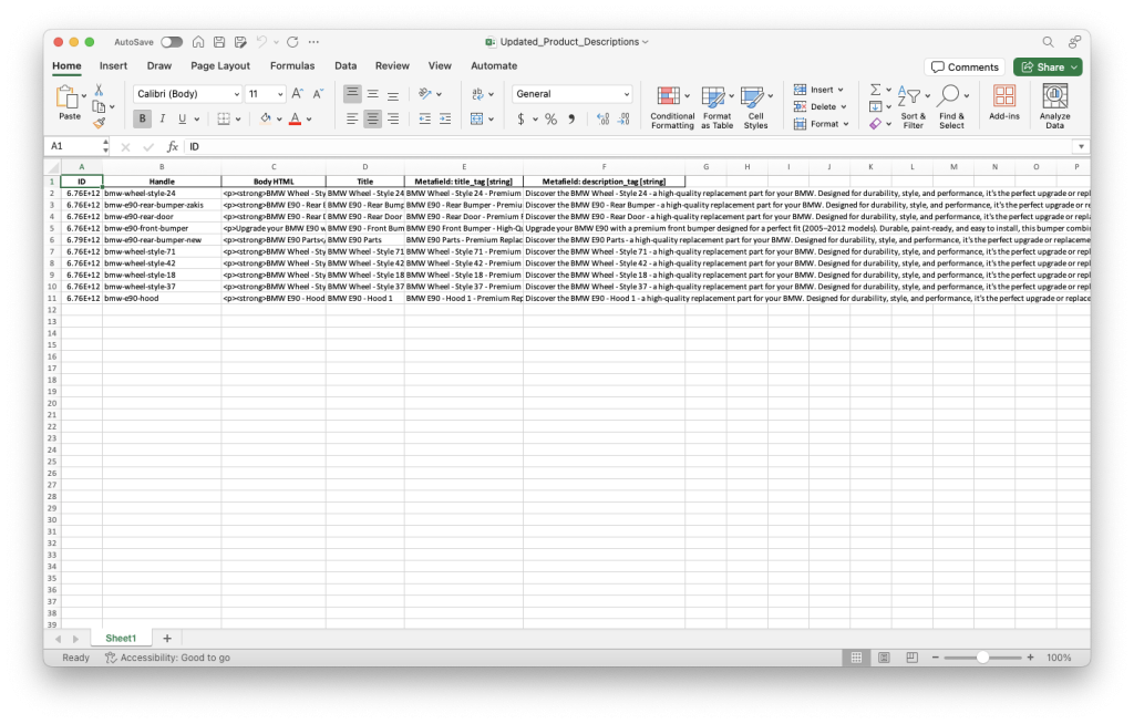 12. AI ChatGPT generated Shopify Product Descriptions Matrixify spreadsheet