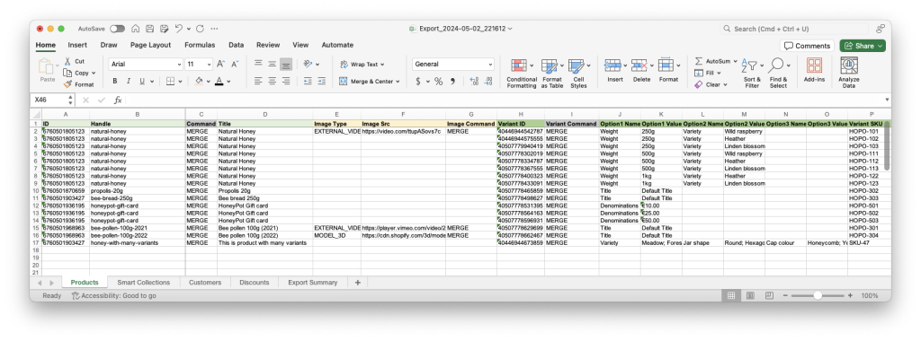 12. Shopify data exported Excel XLSX CSV file multiple tabs sheets