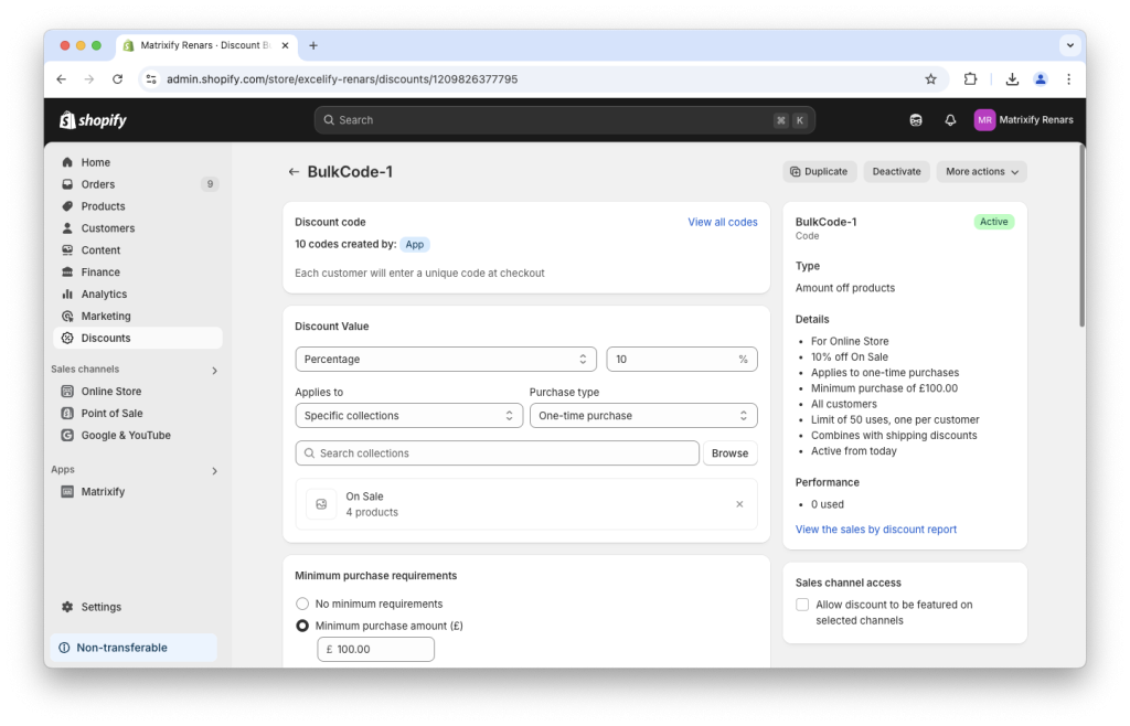 13 - Imported Shopify Discount with many Codes using Matrixify app