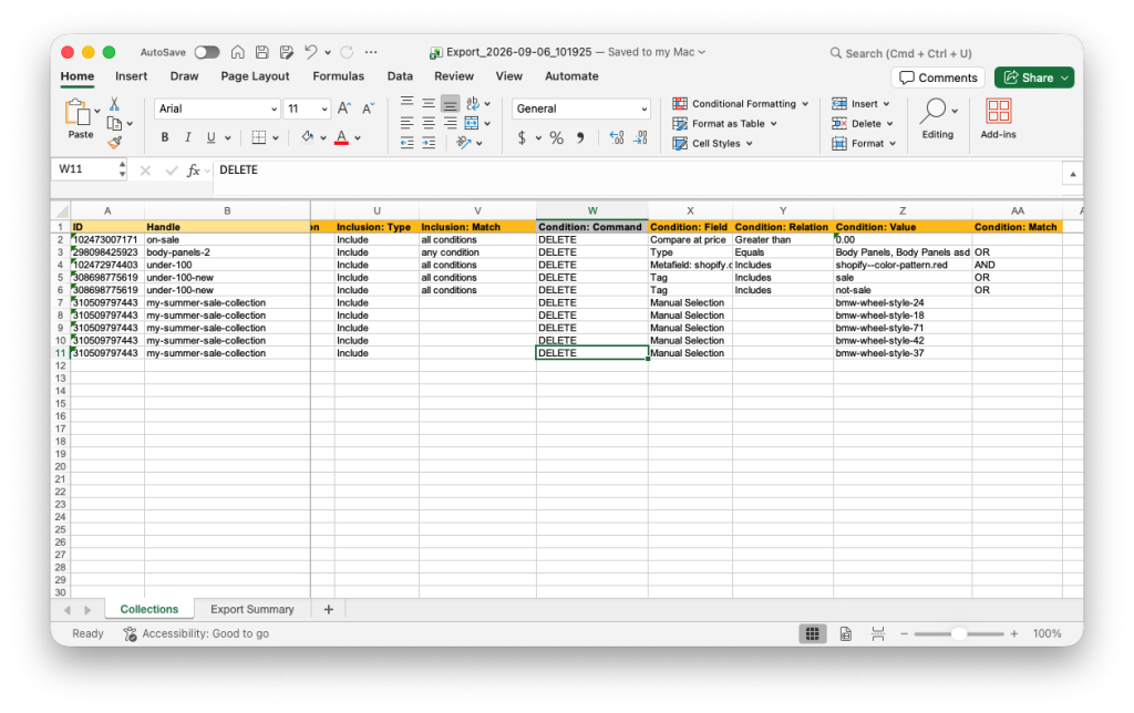 13. Instructing Matrixify to bulk delete Shopify Collection Source Conditions