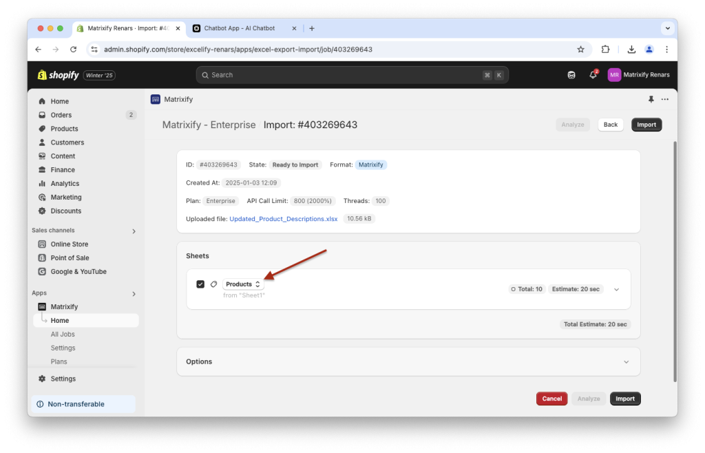 13. Upload AI generated file to Shopify with Matrixify
