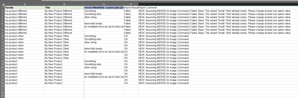 14- import shopify products variants excel csv import results detailed error