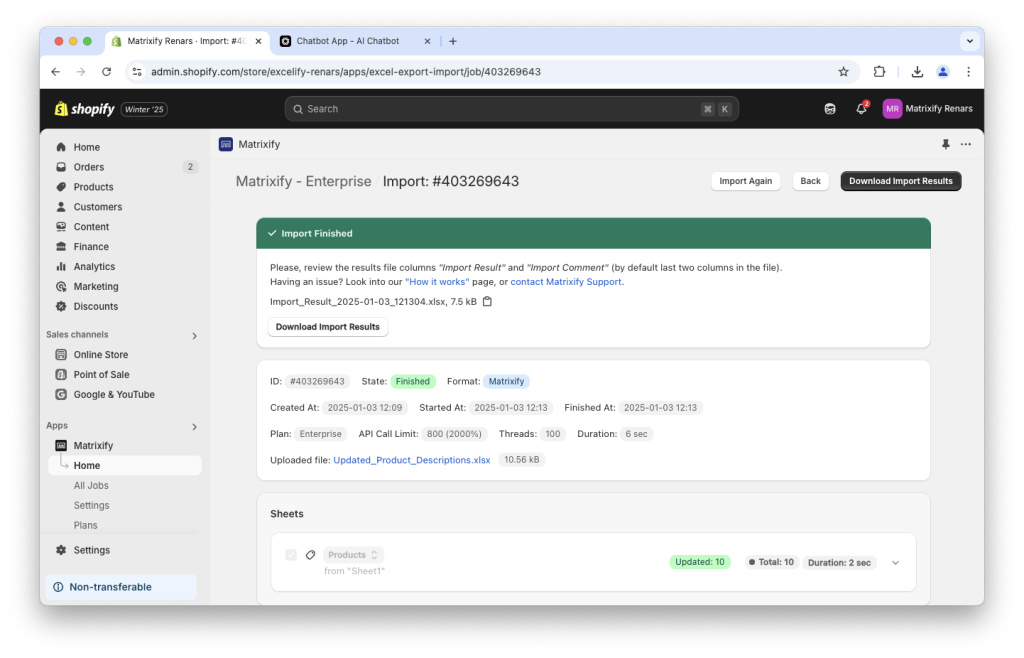 14. Import finished Matrixify app AI generated Product details