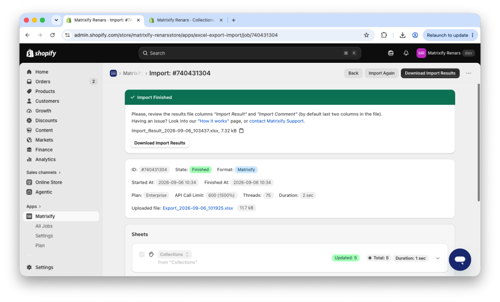 14. Matrixify app Import job - uploaded Collections Excel XLSX spreadsheet