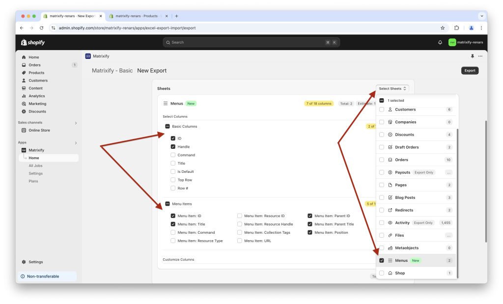 2 - Bulk export Shopify navigation Menus with Matrixify