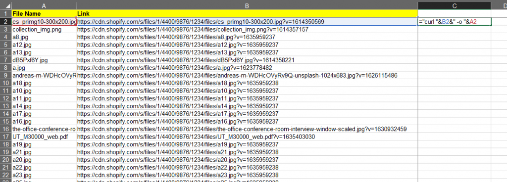 2 - Export Shopify Files Excel CSV Matrixify app - cosntruct curl command to download Shopify Files
